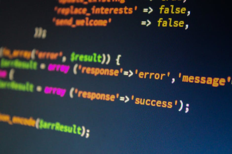 A close-up image of a computer screen displaying colorful lines of programming code, including keywords like 'false,' 'error,' 'response,' and 'success,' written in different bright colors such as ora